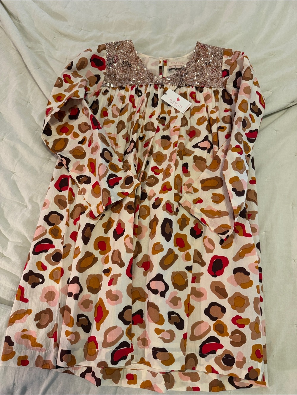 Pink Chicken Kids Long Sleeve Leopard Print Dress with Sequins